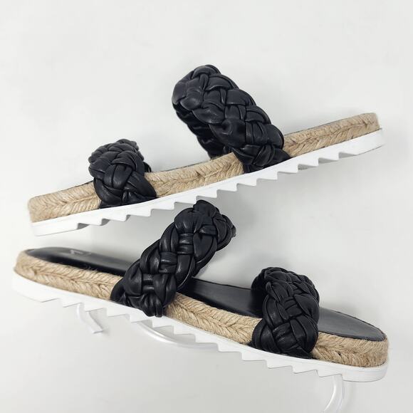 Marc Fisher Sandals Women 7.5M Jaimee Soft Black Leather Braided 2 Strap Slides - Picture 8 of 11